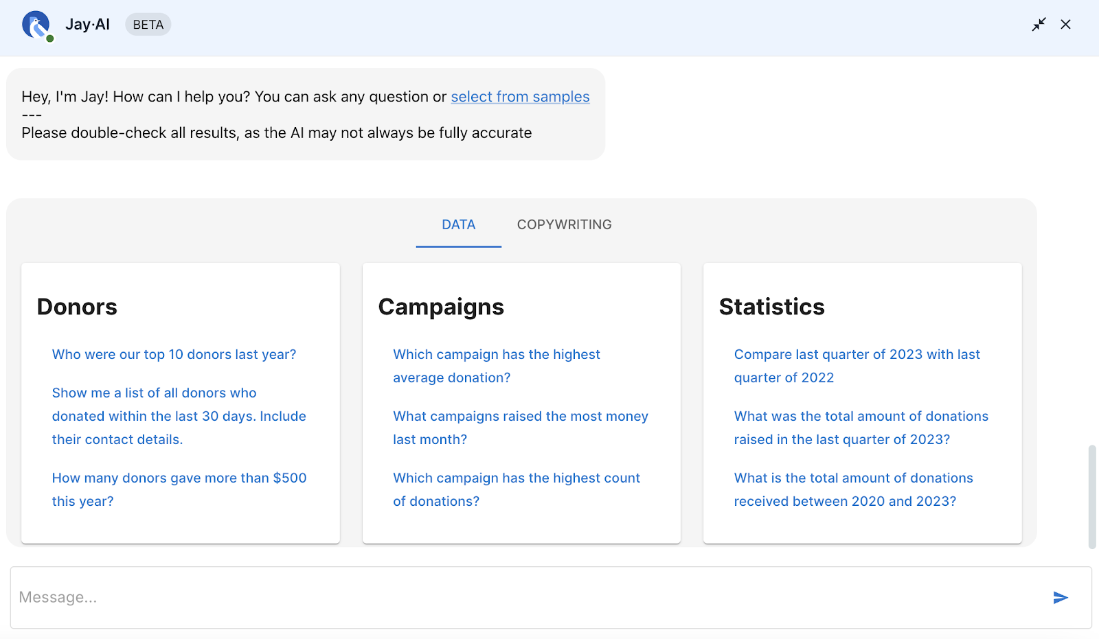 Screenshot showing the process for giving Jay AI prompts. 