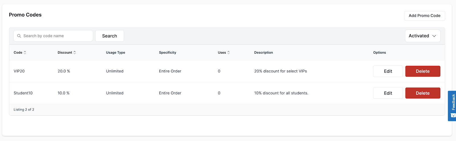Screenshot showing the list of promo codes in Donorbox Events